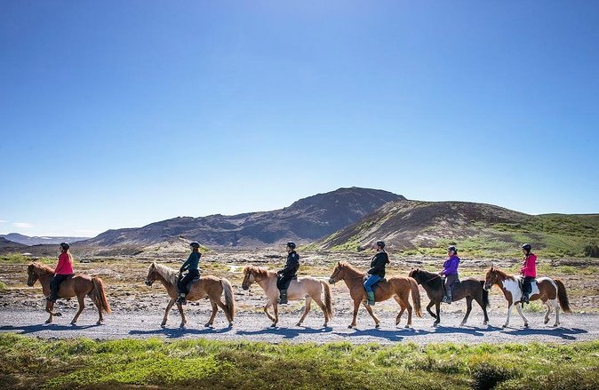A line of Icelandic horses and riders crossing open country under a clear sky