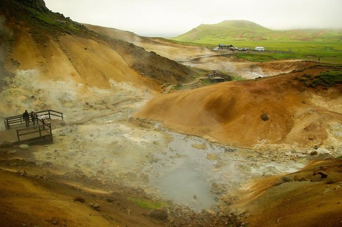 The ochre and sulphur hillside at Seltun in Krysuvik, with the boardwalk running through the steam